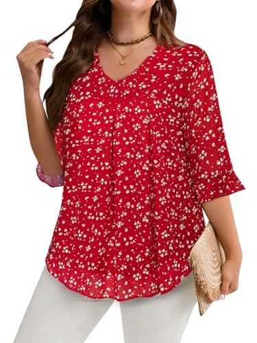 Amrto Plus Size 3 4 Length Sleeve V Neck Work Blouses for Women Business Casual Tops Fashion 2025 Professional Formal Clothes Elegant Womens Office Attire, Red Spotted, 5XL - Image 1