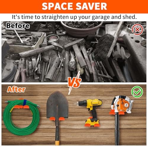 Upgraded Trimmer Rack Wall Mount - 8" Heavy Duty Weed Eater Hanger for Garage Wall, Garden Power Tool Holder Organizer Hooks for Grass Trimmer, Hedge Trimmer, Leaf Blower and Chainsaw, Orange, 3 Pack - Thumbnail 4