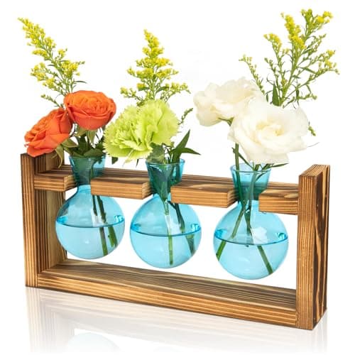 XXXFLOWER Propagation Station with Wooden Stand, 3 Bulb Glass Vase Plant Terrarium for Hydroponics Home Office Indoor Decor,Plant Gift for Mom Women Wife Friend Plant Lovers (Blue) - Image 1