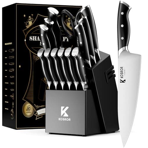 KOSROR Kitchen Knife Set with Block: 15-Piece German Stainless Steel with Dual Sharpener for Beginners - Covers 95% Kitchen Tasks - Black Full-Tang Ergonomic Handle, Dishwasher Safe, Easy to Use - Image 1
