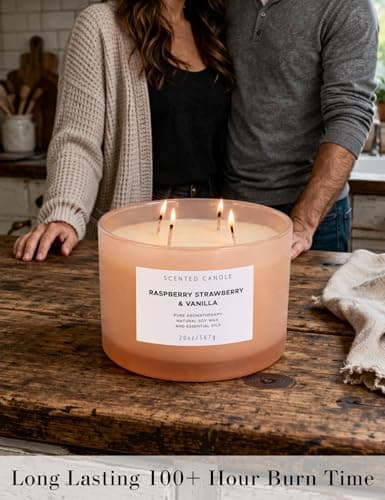 Raspberry Strawberry Vanilla 4-Wick Scented Soy Candle | 100+ Hour Burn | 20 oz Large Sweet Berry Vanilla Scented Candle for Home | Relaxing Aromatherapy Candle | Strong Throw | Gift Ready - Thumbnail 3