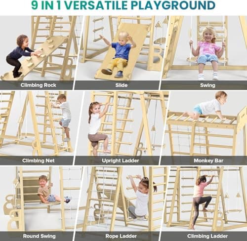 BlueWood Upgraded Indoor Jungle Gym 9-in-1 Playground Kids Climbing Toys, Waldorf Style Wooden Climber Playset with Slide, Swing, Monkey Bars, Upright/Rope Ladder, Climb Net, Natural Wood Color - Thumbnail 3