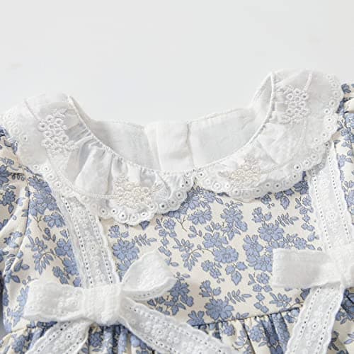 Simplee kids Baby Girls Smocked Dress Handmade Fall Casual Dresses Floral Print Sundress Princess Dress for Toddlers Light Blue 12 Months - Thumbnail 4