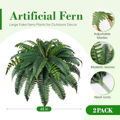 Der Rose 45" Fake Ferns Set of 2 Artificial Boston Ferns Bush Plants with 60 Fronds for Outdoor Home Garden Porch Decor - Thumbnail 3