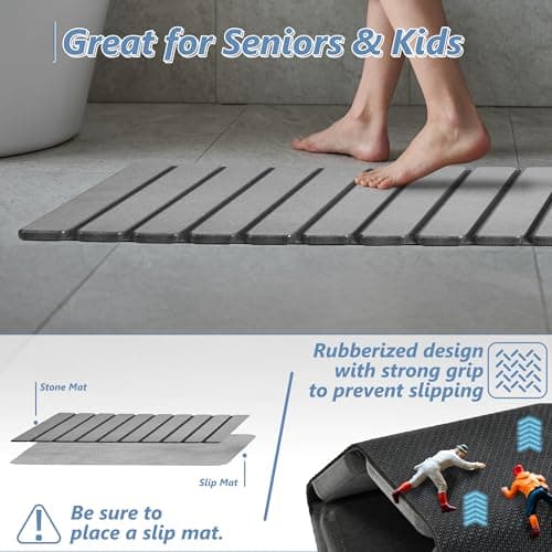 AWW Foldable Stone Bath Mat, Super Absorbent Diatomaceous Earth Mats, Non-Slip 23.6 x 15.5 Inch Quick Drying Mat, Compact and Easy to Store Bath Mats for Bathroom, Easy to Clean, Grey - Thumbnail 4