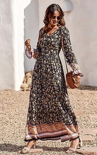 PRETTYGARDEN Long Flowy Dresses for Women - V Neck Casual Button Down Boho Floral Maxi Dresses (Black Yellow,Small) - Thumbnail 5