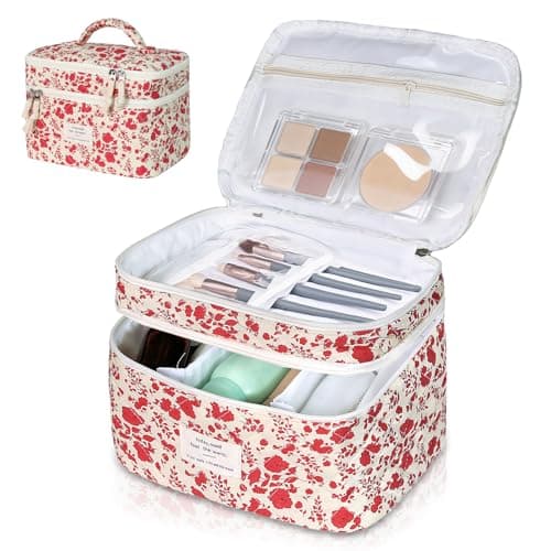 Gosect Makeup Bag, Portable Travel Make up Bag, Large Capacity Quilted Cosmetic Organizer Bag, Cute Floral Toiletry Bag for Women Girls (Bright Pink Rose) - Image 1