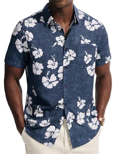 PJ PAUL JONES Mens Hawaiian Shirts Short Sleeve Button Down Shirt Casual Beach Vacation Tropical Shirt with Hibiscus Floral Print - Image 1