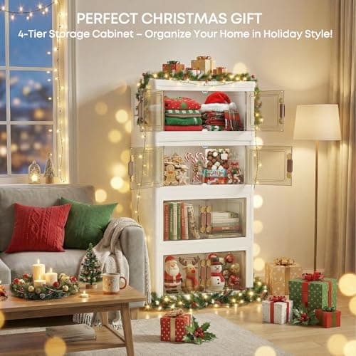 MOONEDGE 140QT Stackable Plastic Storage Bins with Lid & Handles, Foldable Collapsible Closet Organizer with Magnetic Doors and Side Locking, 4 Tier for Living Room, Office, Garages - Thumbnail 6