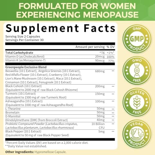 GREENPEOPLE Menopause Supplements for Women - Black Cohosh & Ashwagandha for Hot Flashes, Night Sweats, Mood Swings, Hormonal Balance Support,10 Billion CFU Probiotic - 120 Capsules Vegan Gluten-Free - Thumbnail 6