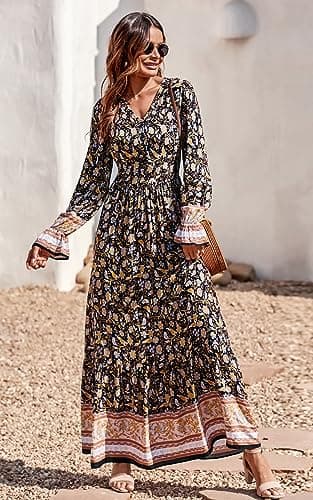 PRETTYGARDEN Long Flowy Dresses for Women - V Neck Casual Button Down Boho Floral Maxi Dresses (Black Yellow,Small) - Thumbnail 4