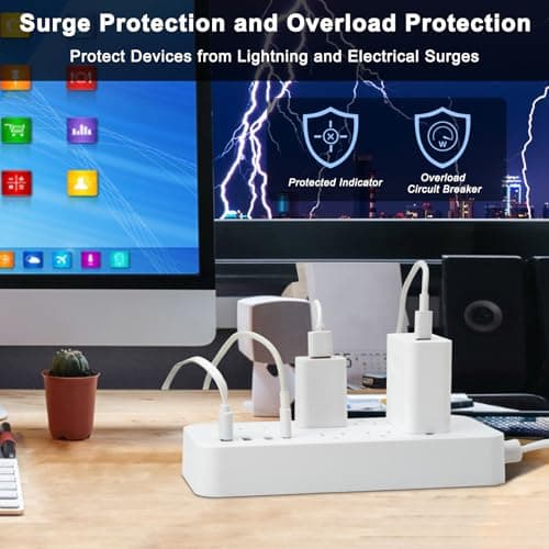 Flat Extension Cord 25 ft, Extra Long Cord Power Strip with 8 Outlets 4 USB Ports, Under Carpet, Multiple Outlets Overload Protection for Indoor, Home, Office, Dorm Room Essentials, White - Thumbnail 4