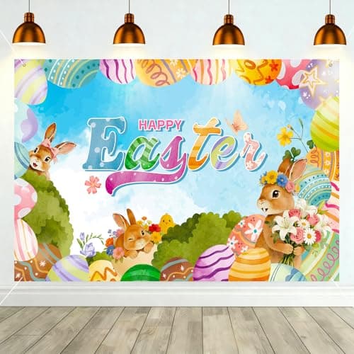 Lednica Easter Bunny Photo Backdrop, Happy Easter Decoration Banner with Colorful Eggs Lily Chick, Watercolor Spring Wall Decor & Party Supplies, 71×43'' - Image 1