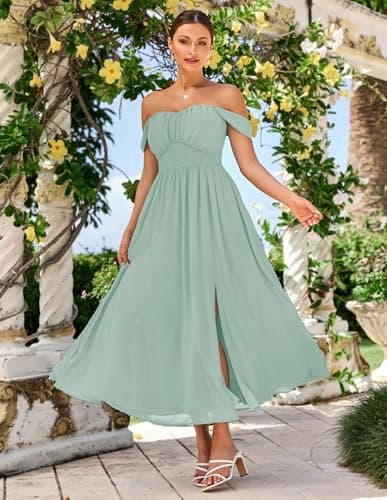 GRACE KARIN Summer Light Green Dress for Women 2026,Off The Shoulder Smocked Bridesmaid Dresses,Formal Baby Shower Maxi Dresses XL - Thumbnail 2