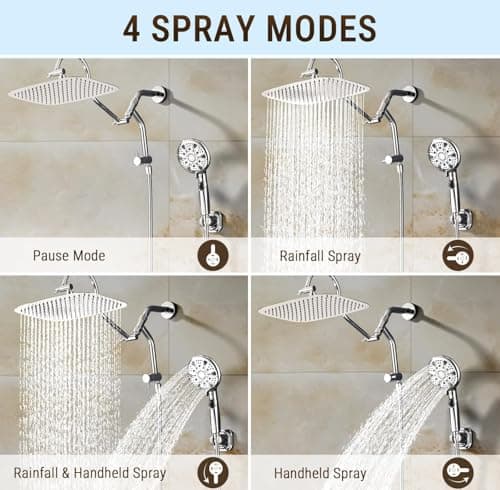 G-Promise 14 Inches Shower Heads with Massage Mode Handheld Sprayer Combo, 3 Way Metal Extended Diverter and Metal Adjustable Extension Arm, Stainless Steel Hose - Thumbnail 5