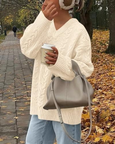 Okiwam Women's Oversized Sweaters Long Sleeve V Neck Cable Knit Pullover Tops Fall Outfits Spring Fashion Clothes 2026-XS Beige - Thumbnail 3
