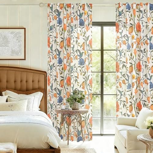 JOOJA Bird Floral Curtains 2 Panels 63 Inches Long Vintage Boho Patterned White Whimsical Living Room Colorful Linen Blend Printed Window Curtains for Bedroom Kitchen - Thumbnail 6