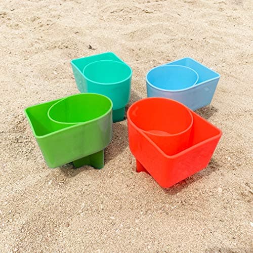 Home Queen Beach Cup Holder with Pocket, Multi-Functional Sand Cup Holder for Beverage Phone Sunglasses Key, Beach Accessory Drink Sand Coaster, Set of 4 (Blue, Teal, Orange and Green) - Thumbnail 5