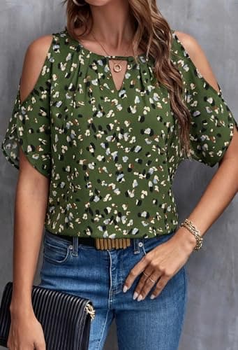 Women Cold Shoulder Tops Casual Summer Short Sleeve Crew Neck Dressy Work Blouses Dot Pints Chiffon Tunic Shirts GF XL - Thumbnail 6