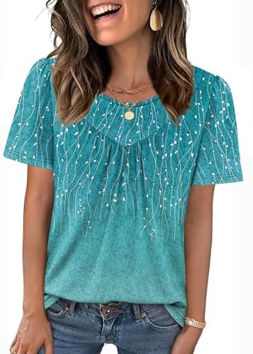 Summer Tops for Women Business Casual Outfits Fashion Clothing Spring Clothes Round Neck School Outfits for Teachers Pleated Blouses Dressy Casual Short Sleeve Shirts Blue Print M - Image 1