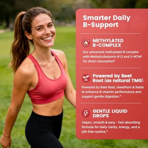 Methylated B Complex - 5000 mcg Methylcobalamin B12 & 5-MTHF Folate 1000 mcg - Vitamin B Complex Liquid Drops with B3, B6, Beetroot, Hawthorn - Energy, Focus, Heart & Brain, Sugar-Free, 2 Fl Oz - Thumbnail 2
