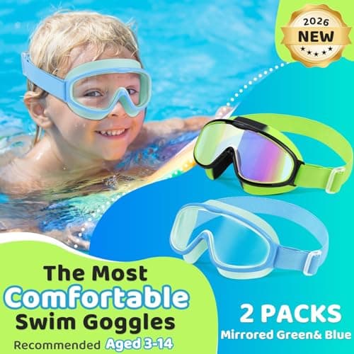 Vvinca Kids Swim Goggles 2 Pack, No Hair Pulling Comfort Fabric Strap Swimming Goggles for Kids Age 3-14, Anti-Fog/UV No Leaking Wide View Swim Mask for Toddler Boys Girls, Summer Pool Essentials - Thumbnail 2