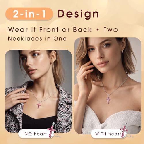 Helirose Heart Cross Necklace for Women, 18K White Gold Plated CZ Faith Pendant, Anti-Tarnish Hypoallergenic Jewelry, 20" Adjustable Chain, Ideal for Birthday, Anniversary, Mother's Day, Everyday Wear (Rose Red-Silver) - Thumbnail 3