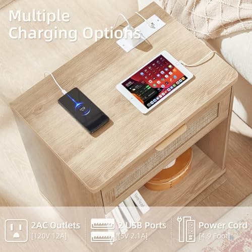 LEYAOYAO Rattan Nightstands Set of 2 with Charging Station, 23" Wide Boho Night Stand with Drawer, Natural Wood Bedside Table Open Cabinet, Bed Side End Table Dresser for Bedroom, Living Room, Hallway - Thumbnail 4