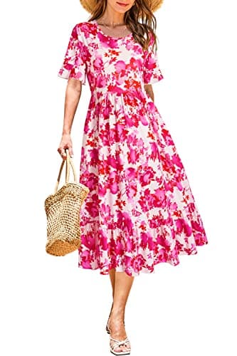 STYLEWORD Women's Summer 2025 Casual Short Sleeve Tiered Flowy Spring Dress Long Midi Beach Sundress Vacation Outfits(Floral13,XL) - Image 1