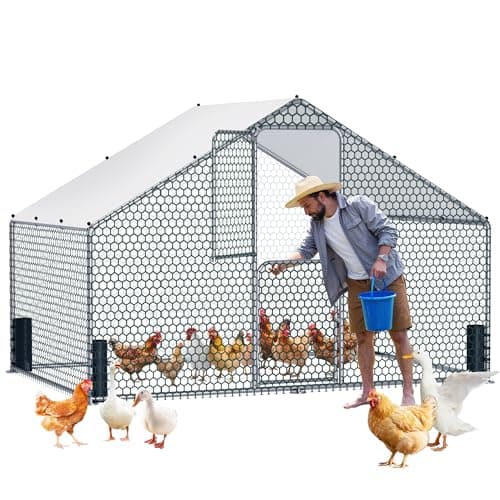 Large Metal Chicken Coop, Walk-in Chicken Run with Feeding Door, Security Lock and Cover, Outdoor Duck/Rabbit Cage Poultry Pen for Backyard, Farm, Yard (Silver - Spire Roof, 9.8 x 6.5 x 6.5 FT) - Image 1
