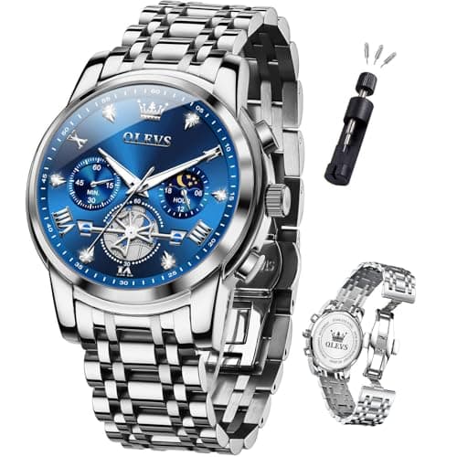 OLEVS Watch Men Luxury Blue Big Face Silver Stainless Steel Dress Wrist Moon Phase Chronograph Waterproof Watches for Men Analog Quartz Cheap Luminous Mens Watches Relojes para Hombres - Image 1