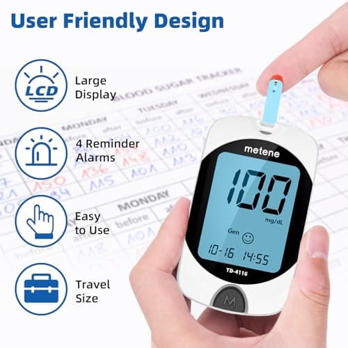 Metene TD-4116 Blood Glucose Monitor Kit, 100 Glucometer Strips, 100 Lancets, 1 Blood Sugar Monitor, Blood Sugar Test Kit with Control Solution, Lancing Device, No Coding, Large Display - Thumbnail 4