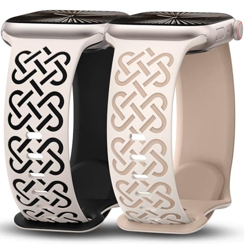 Minyee 2 Pack Engraved Bands Compatible with Apple Watch Band 38/40/41/42mm Women, Soft Silicone Two-Tone Celtic Sport Strap for iWatch Series 11 10 9 8 7 6 5 4 SE/Ultra 3 2 1, Starlight/Black/Nude - Image 1