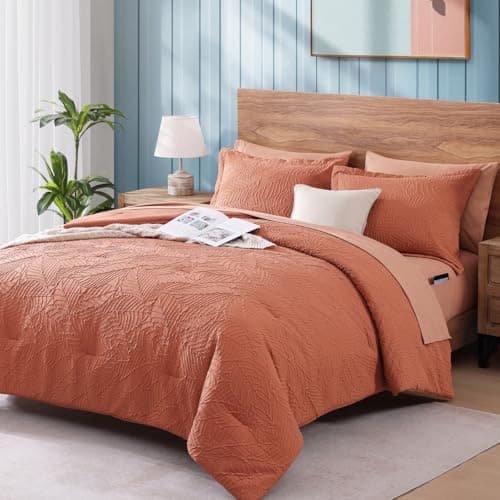 Geniospin Twin Comforter Set - 5 Pieces Burnt Orange Bedding Set, Botanical Textured Comforter Set, All Season Lightweight Bed in a Bag with Comforter, Sheets, Pillowcases & Shams - Thumbnail 2