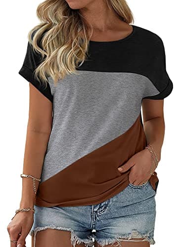 Womens Color Block Short Sleeve Tops Casual Summer T-Shirt - Image 1