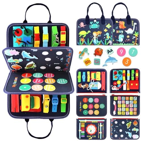 Qizfun Montessori Busy Board & Busy Book for Toddlers – Sensory & Learning Toy That Keeps Kids Busy, Travel Toy for Airplane & Car, Screen for Boys & Girls (Blue/P4) - Image 1