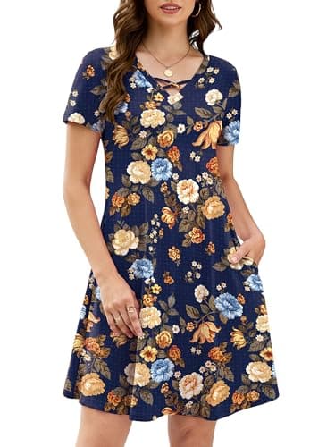 KORSIS Women's 2026 Trendy Dresses Summer Casual T-Shirt Short Sleeve Criss Cross V Neck Swing Teacher Pettite Maternity Flroal Dress with Pockets (S-2XL) - Image 1