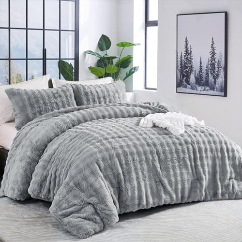 Bedbay Faux Fur Comforter Set Queen Size Plush Grey Fluffy Comforter Luxury Rabbit Fur Fuzzy Furry Bedding Set 3 Pieces Soft Warm Shaggy Velvet Reversible Quilt Duvet Set for Boys Girls Kids - Image 1