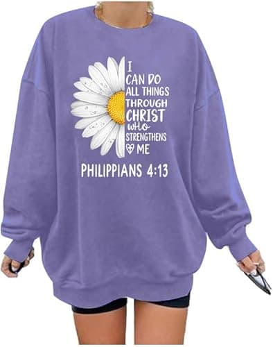 Ladicme Christian Sweatshirts For Women Oversized I Can Do All Things Daisy Graphic Pullover Top Casual Loose Fit Tops Purple - Image 1