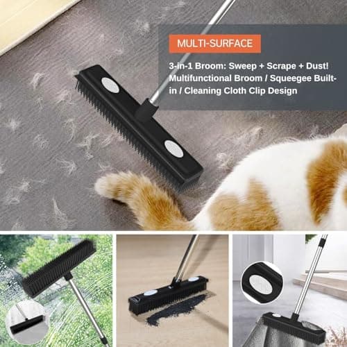 Thamtu Carpet Rake Reusable Pet Hair Remover Rubber Broom with Squeegee for Pet Hair Removal Tool 59" Long Handle Cat and Dog Hair Remover for Area Rugs, Carpet, Hardwood Floor, Tile - Thumbnail 3