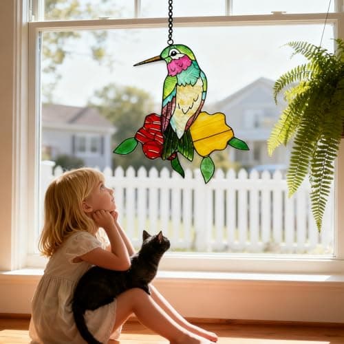 Stained Glass Hummingbird Suncatcher - Sun Catchers Indoor Window Hanging Ornament, Handmade Bird Suncatcher for Windows, Unique Gift for Women/Mom/Bird Lovers (6.4x5.5 Inch) - Thumbnail 2