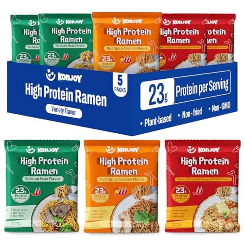 KONJOY Protein Ramen Variety Pack, 5-Pack High Protein Ramen Noodles(23g) with Savory Crayfish Chili, Sichuan Mala, Hot Spicy Chicken Sauces – Plant-Based, Non-Fried, Low Fat, Vegan Healthy Meal - Image 1