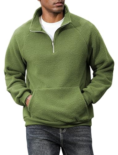 ZAFUL Men's Fluffy Polar Fleece Sweatshirt Embroidery Half Zip Unisex Hoodie Green XL - Image 1