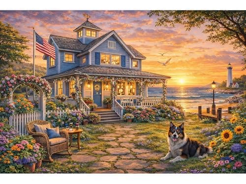 Teemosreal Puzzles for Adults 1000 Pieces, Beautiful Seaside Lighthouse Garden Jigsaw Puzzle, Sunset Ocean Landscape Puzzle with Reference Poster, Challenging Puzzles for Game Night - Image 1