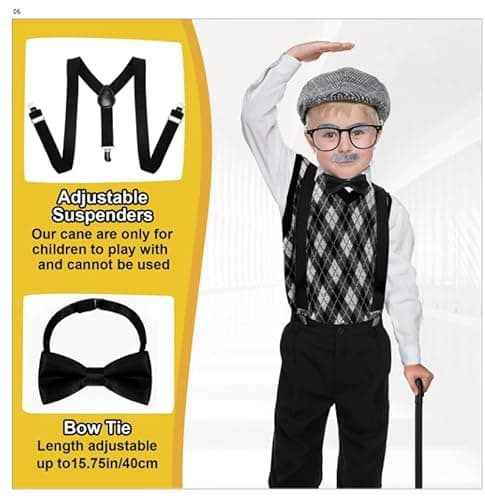 Skirfy 100 Days of School Costume for Boys,Old Man Costume for Kids with Old Man Hat and Grandpa Vest,Cosplay Grandpa Dress Up Accessories for School Parties - Thumbnail 3