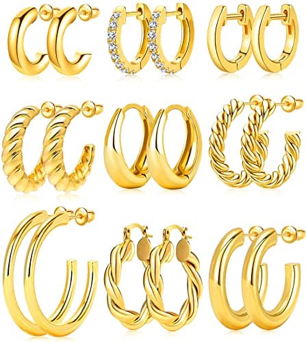 Adoyi Gold Hoop Earrings Set for Women Girls Trendy 18K Plated Gold Hoops Small Chunky Earrings Twisted Huggie Ear ring Pack Lightweight 9 Pairs Jewelry Set for Valentines Mother's Day Birthday Gifts - Image 1
