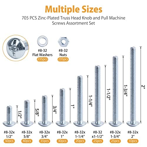 VIGRUE 705PCS #8-32x1/2 to #8-32x2 Machine Screws 8/32 Knob/Pull Screws Bolt Nut Flat Washers Zinc-Plated Steel Phillips Machine Screws Assortment Kit, Cabinet Door and Drawer Screws - Thumbnail 2
