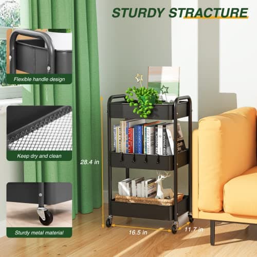 LEHOM 3 Tier Rolling Storage Cart, Metal Trolley Utility Cart with Wheels & Hooks, Easy Assembly Organizer Storage Cart for Bathroom Kitchen Office Bedroom - Thumbnail 3