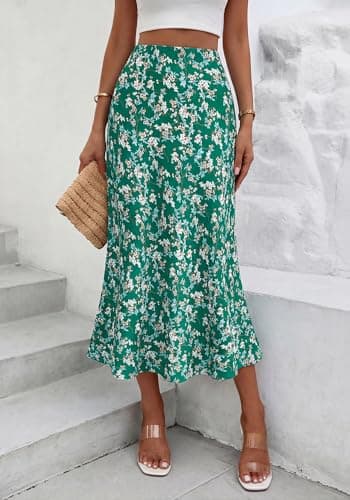 BTFBM Satin Skirts for Women Trendy Spring Summer 2026 High Waisted Leopard Print Cocktail Wedding Long Silk Midi Skirt(Floral Green White, X-Large) - Thumbnail 2