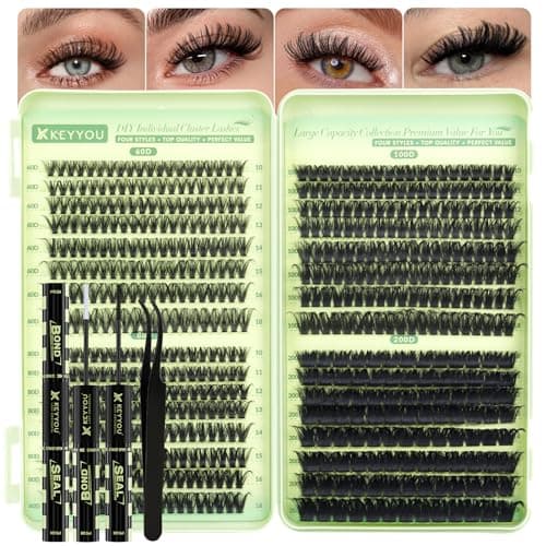 KEYYOU 584 Pcs Lash Clusters Kit 60/80/100/200D MIX 10-18mm D Curl Fluffy Wispy Individual Lashes Thin Band with Bond and Seal, Applicators – Professional Lash Extension Kit